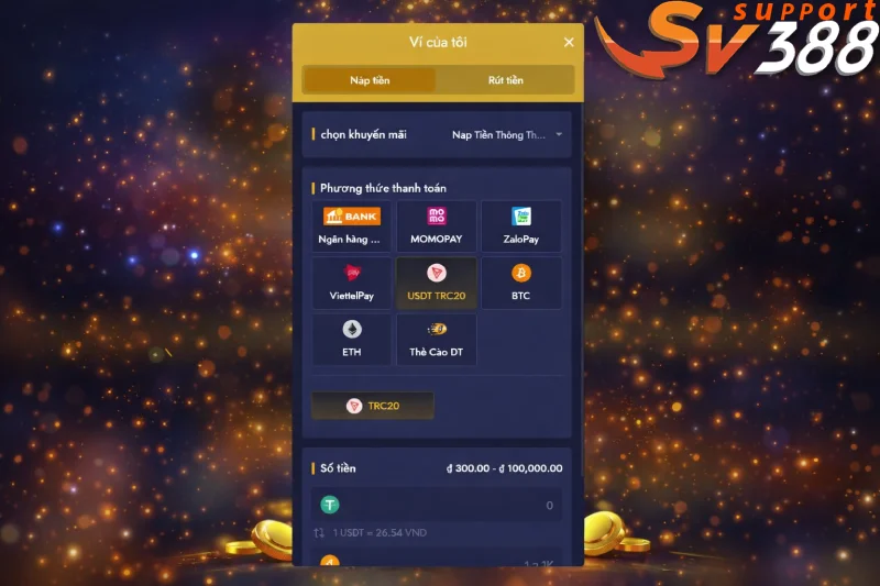 Nhà cái hỗ trợ nạp USDT SV388 với giao dịch tiền điện tử chỉ trong vài phút qua mạng TRC20